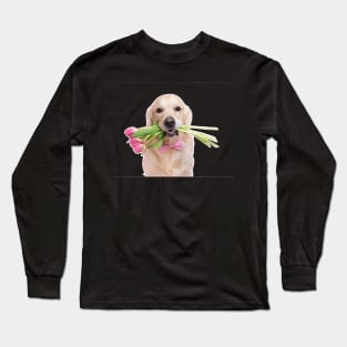 Dachshund puppy dog with spring pink tulip flowers. Long Sleeve T-Shirt